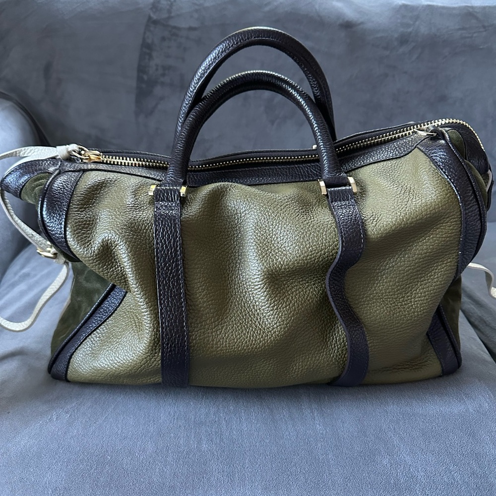Green and brown leather satchel handbag